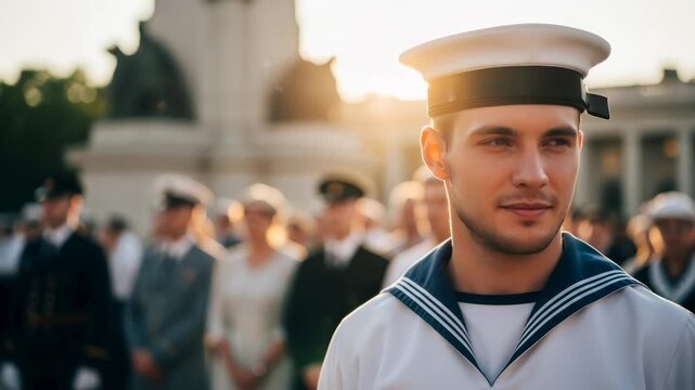 Young man in sailor uniform standing in crowd, looking around during a formal military event or parade at sunset