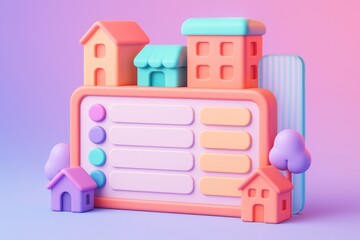 Colorful 3D-style interface with houses and buildings representing a social community app concept on gradient background. Ai generative. Ai generative