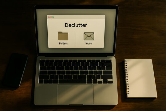 Digital declutter concept with laptop on wooden desk