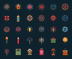 Vector set of firework flat icons. Contains icons of firecracker, sparkler, salute, petard, firework box and more. Pixel perfect, scalable 24, 48, 96 pixels.