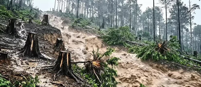 Transition showing the devastating impact of deforestation causing flash floods and mudslides destroying a wooden house in a deforested landscape