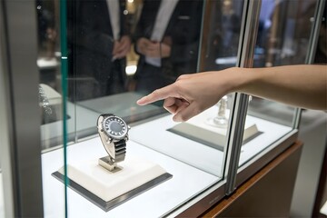 customer hand point at luxury watch in glass display