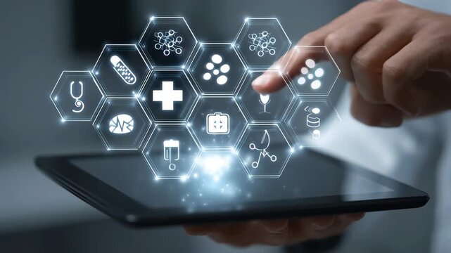 Digital health care solutions are accessed through a tablet device with interactive icons showcasing medical services and technologies