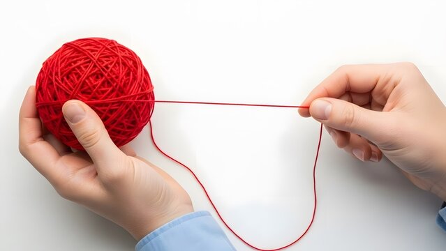 Hands holding a ball of red yarn ready to start knitting project