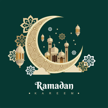 Islamic posters cards holiday ramadan kareem with crecent ornament and mosque vectors