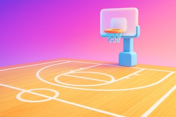 Naklejka premium Colorful basketball court with blue hoop and wooden floor on pink to purple gradient background in creative light style. Ai generative