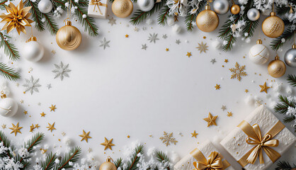 Fototapeta premium Bożonarodzeniowe i Noworoczne białe zimowe tło z ozdobami świątecznymi i prezentami z miejscem na tekst