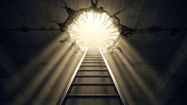 Ladder leading to light through a hole in a dark ceiling hope concept