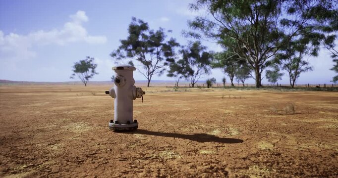A solitary fire hydrant is positioned in the midst of a parched landscape, surrounded by sparse vegetation and tall trees under a clear, sunny sky. Dust and dryness dominate the area.