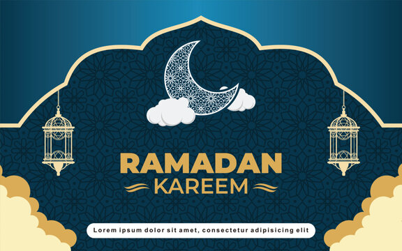Islamic posters cards holiday ramadan kareem with crecent ornament cloud and lantern vectors blue background