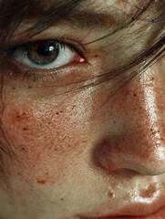 Obraz premium Close-up portrait of a young woman with striking freckles and captivating blue eyes, showcasing natural beauty and texture in a soft light environment emphasizing skin details