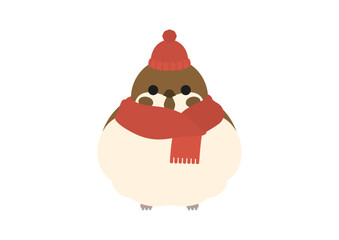 正面を向いてニット帽をかぶっている丸くふくらんだスズメのかわいいイラスト