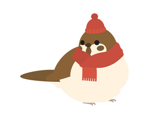横向きでニット帽をかぶっている丸くふくらんだスズメのかわいいイラスト