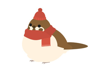 横向きでニット帽をかぶっている丸くふくらんだスズメのかわいいイラスト