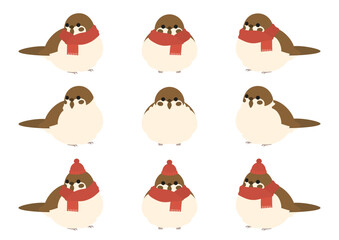 冬の寒さに丸くふくらんだスズメのかわいいベクターイラストセット(マフラー・ニット帽)