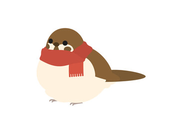 横向きでマフラーを巻いている丸くふくらんだスズメのかわいいイラスト