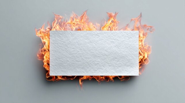 Burning blank paper on a gray background with flames around the edges