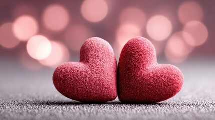 Fototapeta premium Two red heart-shaped objects on a textured surface with a blurred background