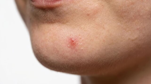 Close up of a pimple on a persons chin with red inflammation.