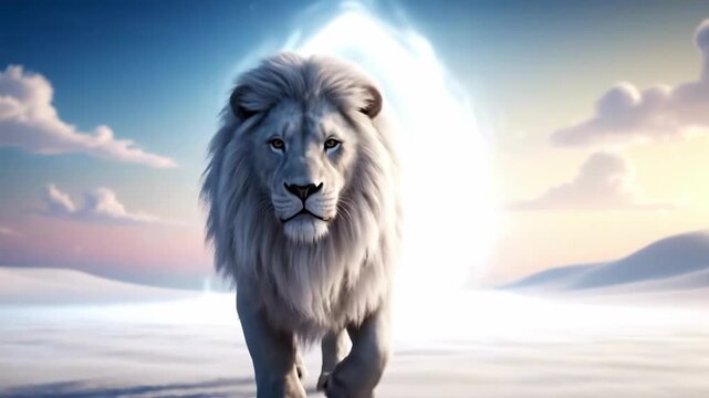 Majestic white lion walking forward in a surreal dreamlike white desert landscape