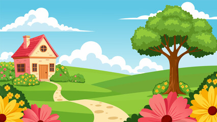 Fototapeta premium A charming cartoon illustration of a cozy house nestled in a vibrant green landscape with a winding path and blooming flowers.