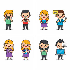 Cute cartoon people using digital technology devices like cameras, smartphones, tablets, and laptops for communication and media consumption.