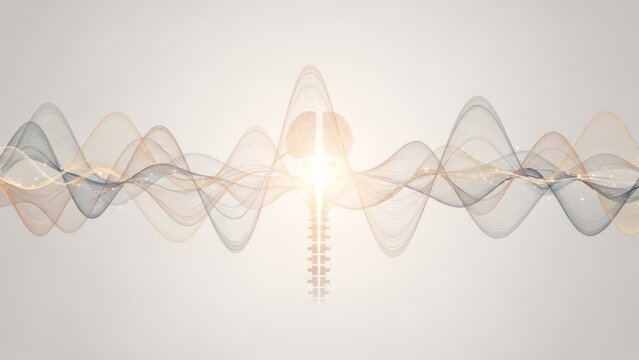 Human brain and spine with flowing light waves. Concept of nervous system activity, brain function, and natural healing.