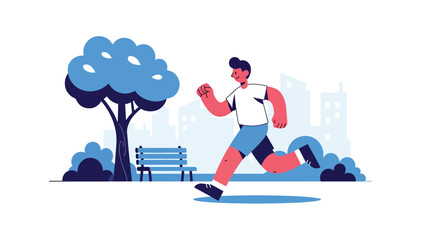 Person jogging in city park illustrated in modern flat vector style, active lifestyle and outdoor fitness, ideal for health, sport, and leisure visuals