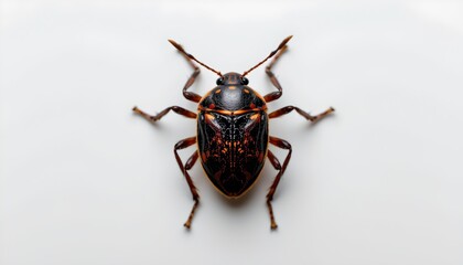 A detailed photograph of a black beetle with orange markings, captured in close up against a white background.