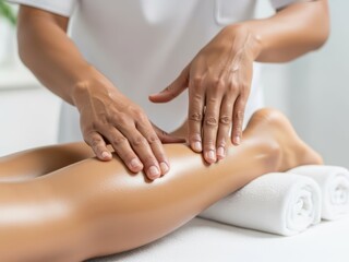 Professional physiotherapist or masseuse giving a calf massage to a woman. Relaxation and wellness treatment at spa salon. Healthcare and physical therapy concept for advertising.