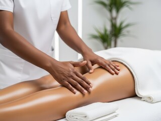 Fototapeta premium Woman receiving massage. Therapist massaging leg and thigh. Spa treatment for relaxation and wellness. Body care routine.