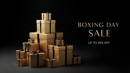 Boxing day sale event with stacked presents on dark background