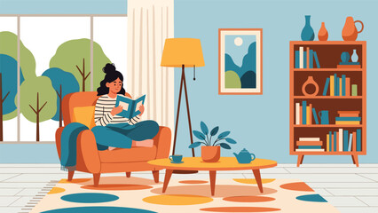 Person reading a book comfortably in modern flat vector style, relaxing hobby and self-improvement, ideal for education and lifestyle visuals