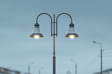 Dual street lamps illuminated against overcast sky with distant light poles
