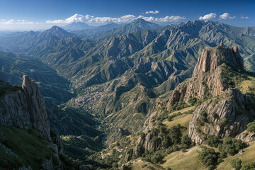 Fototapeta premium Majestic mountain range with dramatic peaks and lush valleys under a clear blue sky