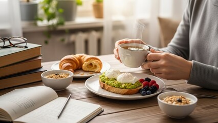 Woman enjoying healthy breakfast with avocado toast and coffee at home. Morning routine and cozy lifestyle. Relax time for healthy eating.