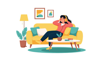 Person listening to music with headphones in modern flat vector illustration, relaxation and entertainment hobby, ideal for audio and lifestyle themes