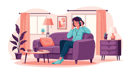 Person listening to music with headphones in modern flat vector illustration, relaxation and entertainment hobby, ideal for audio and lifestyle themes