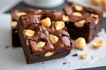 Decadent chocolate macadamia nut brownies on a white surface