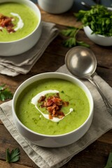 Delicious green soup topped with cream and bacon