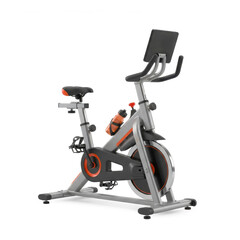 Fitness bike modern stationary exercise bike with digital screen and orange accents on white background. Concept of indoor cycling, cardio workout, endurance training, and healthy active lifestyle.