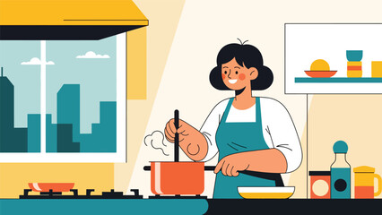 Person cooking in home kitchen illustrated in modern flat vector style, creative home hobby and lifestyle concept, ideal for food and leisure content