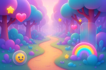 Naklejka premium Whimsical fantasy forest path with colorful trees, floating hearts and stars, rainbow gate, and soft light in dreamy pastel atmosphere. Ai generative