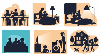 Silhouettes of families enjoying various indoor and outdoor activities together.