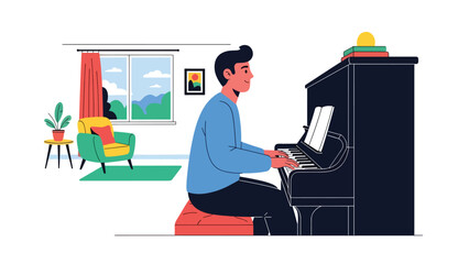 Person playing musical instrument piano illustrated in modern flat vector style, creative music hobby, ideal for art, culture, and leisure content © meeblues