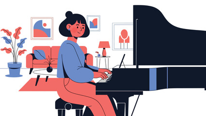 Person playing musical instrument piano illustrated in modern flat vector style, creative music hobby, ideal for art, culture, and leisure content © meeblues