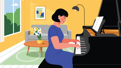 Person playing musical instrument piano illustrated in modern flat vector style, creative music hobby, ideal for art, culture, and leisure content © meeblues