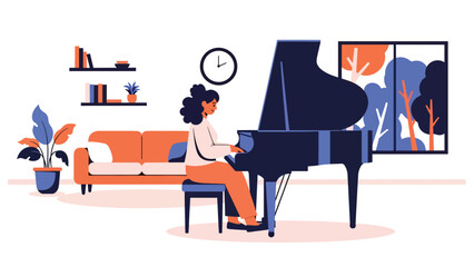 Person playing musical instrument piano illustrated in modern flat vector style, creative music hobby, ideal for art, culture, and leisure content © meeblues
