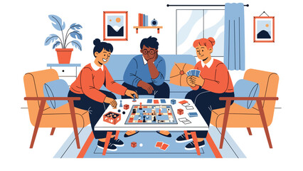 Friends playing board games together in modern flat vector illustration, social leisure and bonding activity, ideal for family and lifestyle themes