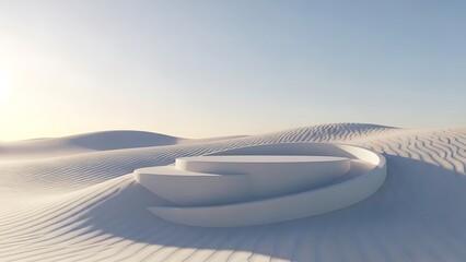 Elegant white podium on rippling sand dunes under a soft blue sky, representing a minimalist, serene, and luxurious stage for product display or abstract concept